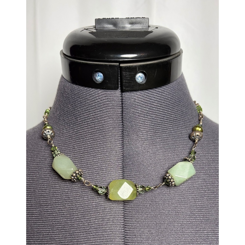 Tres Jolie Necklace Green Stone Bead Crystal Silver Tone Boho Artisan Choker‎